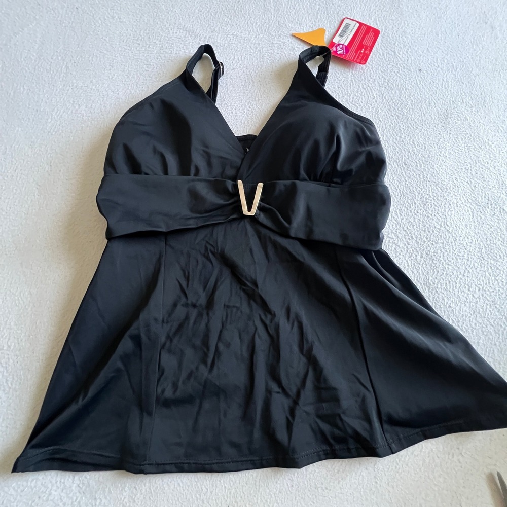 Movi Beachwear Tankini Swim Top Size 38 V Neck Tummy Control Black Suit Vacation
